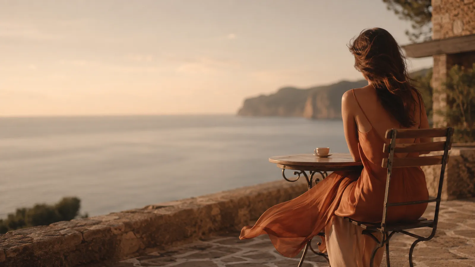 Frau sitzt bei Sonnenuntergang an einem Tisch am Meer auf Mallorca, ihr Seidenkleid weht im Wind